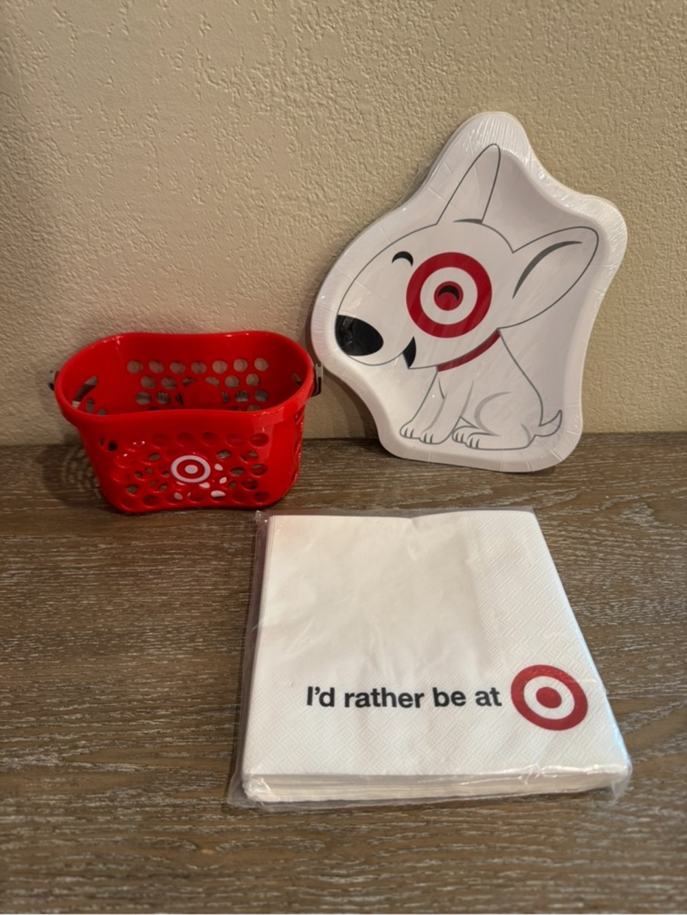 Target Bullseye Mascot Plates and Napkins (20 total) and basket